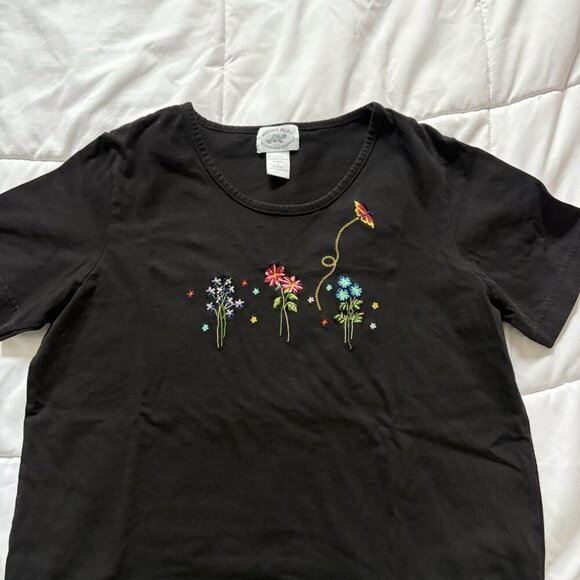 Vintage 90s Y2K Baby Tee T-shirt 2000s Floral Black Womens Small 100% Cotton - Picture 2 of 7